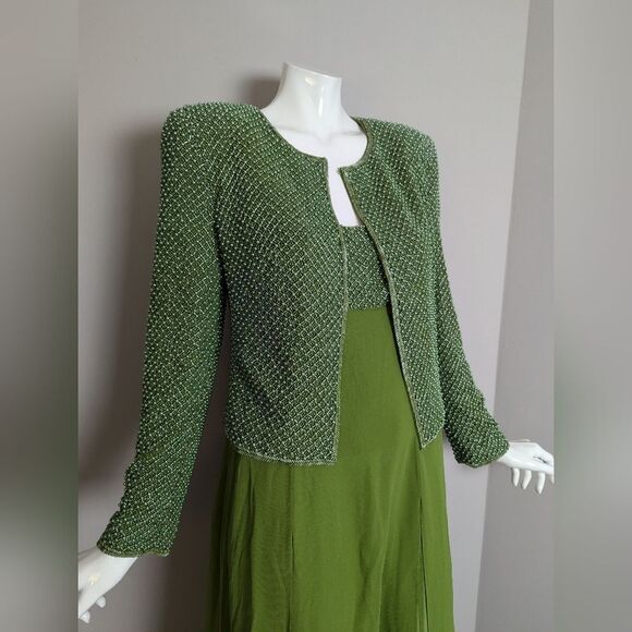 Rena Lange Vintage 3-Piece 100% Silk Beaded Set | Dress, Pants & Jacket | Green - Picture 1 of 16